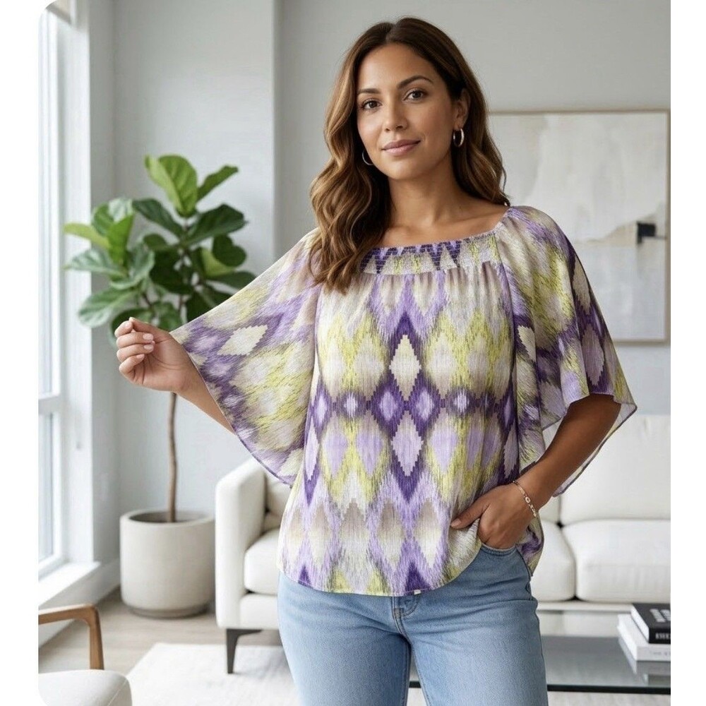 AGB Blouse Woman Plus XL Yellow Purple Sheer Overlay Top Smocking Spring Office